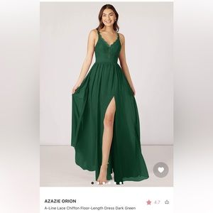 Dark green floor length AZAZIE “Orion” bridesmaid dress
